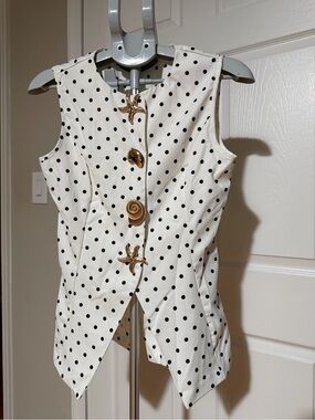 White Polka Dot Sleeveless Top with Gold Shell Buttons